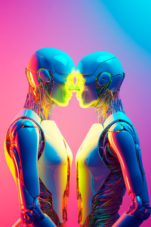 3d rendering of female cyborgs kissing each other over gradient backgroundの素材