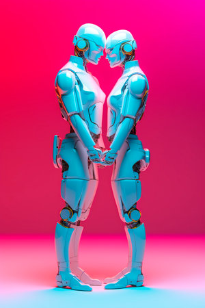 3d rendering of a robot couple in love isolated on pink backgroundの素材