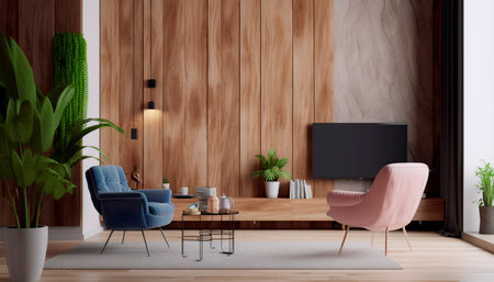 Interior of modern living room with wooden walls, tiled floor, comfortable armchairs standing near coffee table and TV. 3d renderingの素材