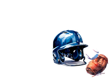 Baseball helmet and glove isolated on white background with copy space.の素材