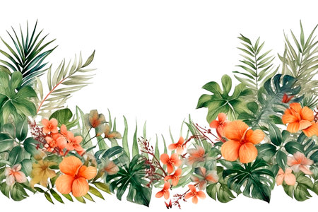 Watercolor tropical flowers and leaves frame. Hand painted illustration isolated on white backgroundの素材