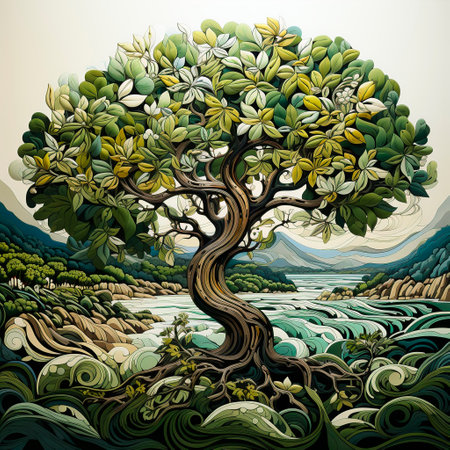 Illustration of a tree growing on a hillside with lake and mountains in the backgroundの素材