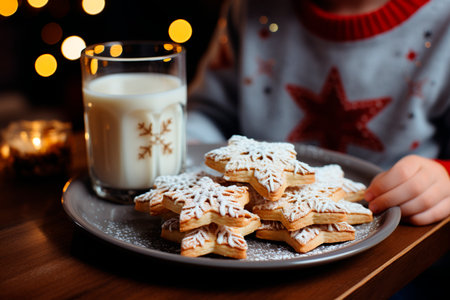 Little girl with a glass of milk and cookies in the form of snowflakesの素材