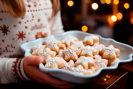 Close up of woman's hands holding plate with christmas cookies.の素材