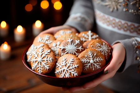 Woman holding plate with delicious Christmas cookies on wooden table, closeupの素材