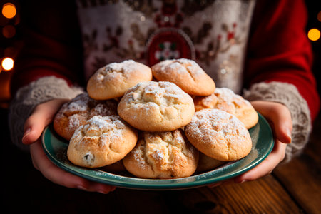Christmas cookies on a plate in the hands of a girl on a wooden backgroundの素材