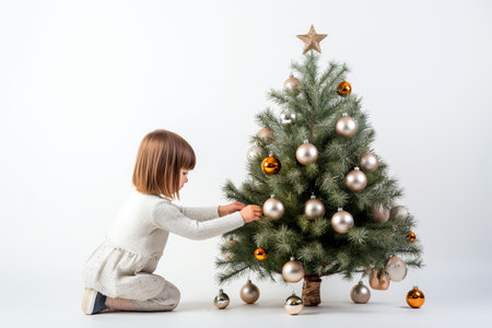 girl decorating christmas tree with baubles on white backgroundの素材