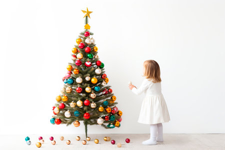 Little girl decorating christmas tree with colorful baubles at homeの素材