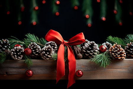 Christmas decoration with fir branches, cones and red ribbon on black backgroundの素材