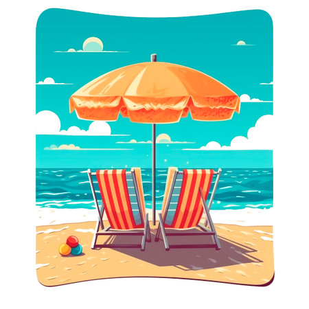 Beach chairs and umbrella on the seashore. vector illustrationの素材