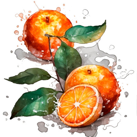 Watercolor illustration of orange fruit with green leaves and splashes.の素材