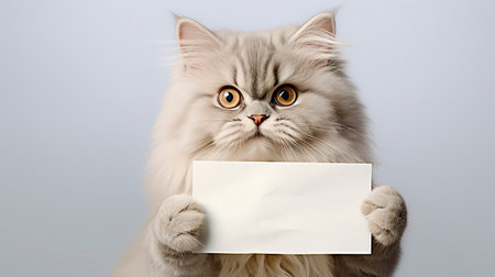 Persian cat holding a blank sheet of paper on a gray backgroundの素材