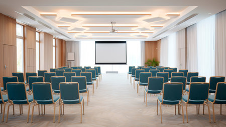 Modern conference hall interior with empty screen. Mock up, 3D Renderingの素材