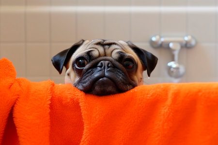 Cute pug dog with orange towel in the bathtub.の素材