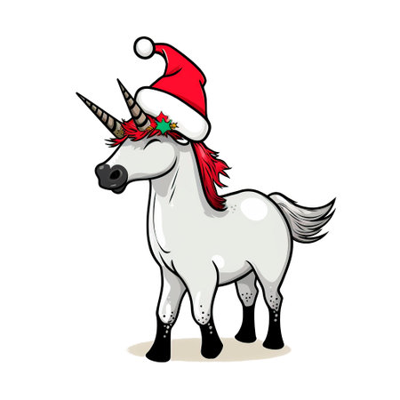 White unicorn with red santa hat. Vector illustration isolated on white background.の素材