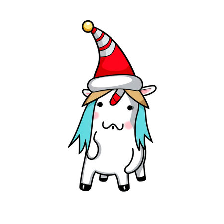 Cute cartoon unicorn in a christmas hat. Vector illustration.の素材