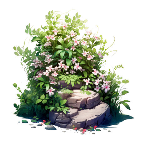 Illustration of a garden with flowers and plants on a white backgroundの素材