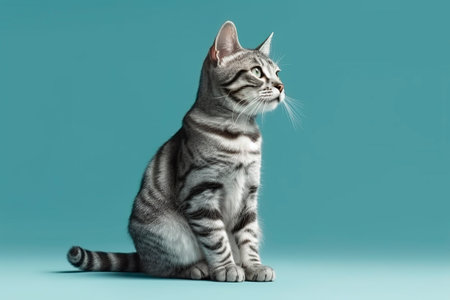 Studio photography of an American shorthair cat on colored backgrounds in pastel colorsの素材