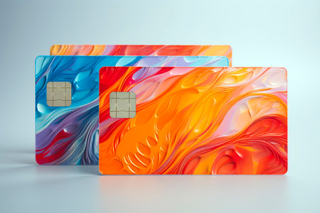 Credit cards with colorful abstract background. 3d render illustration mockupの素材