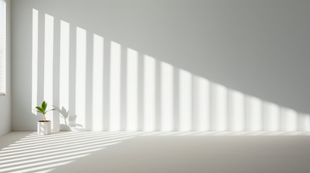 3d render of white room with shadow on the wall and plantの素材