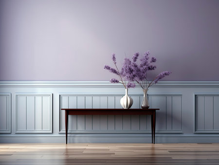 Vase with lilac flowers in classic interior. 3d renderの素材