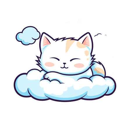 Cute cat sleeping on a cloud. Vector illustration isolated on white background.の素材