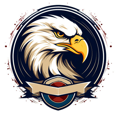 Eagle head with grunge shield and ribbon. Vector illustration.の素材