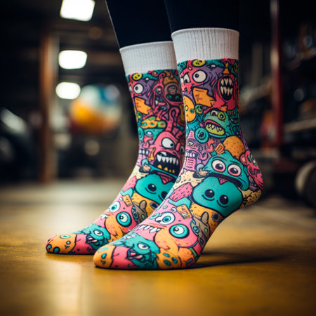 Feet of a woman wearing colorful socks with different patterns and ornamentsの素材