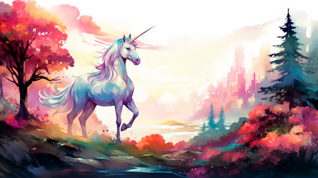 Unicorn on the background of the autumn landscape. vector illustrationの素材