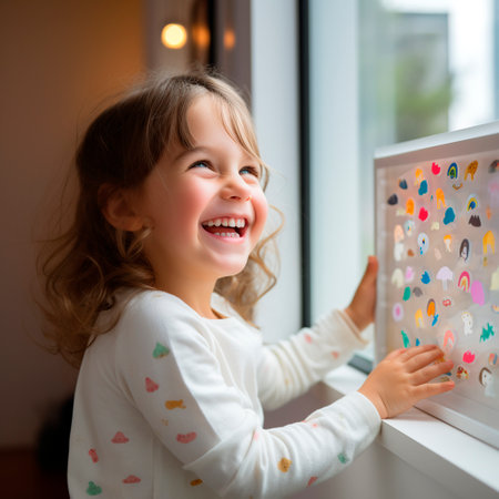 Adorable little girl playing with colorful stickers on the window at homeの素材