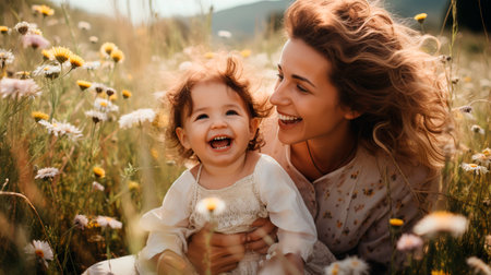 happy mother and daughter hugging and laughing in field with daisiesの素材