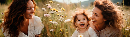 happy mother and daughter smiling at camera while walking in camomile fieldの素材