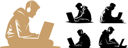 Vector silhouette of a man with a laptop on a white background.のイラスト素材