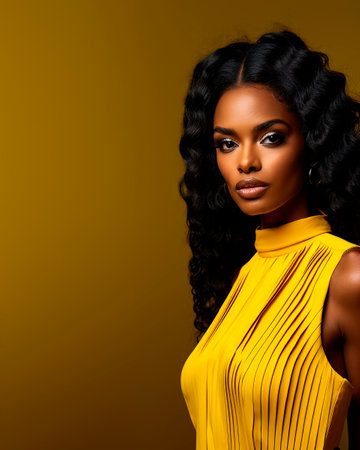 Beautiful african american woman in yellow dress. Fashion shot.の素材