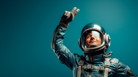 Astronaut in helmet and spacesuit showing victory gesture on blue backgroundの素材