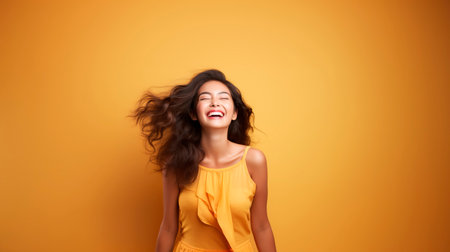 Portrait of a beautiful young woman laughing and looking up on yellow backgroundの素材