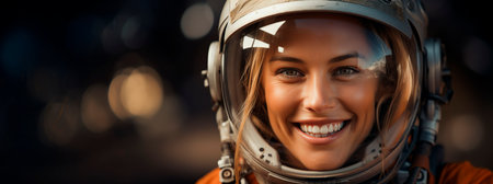 Portrait of a beautiful young woman in space helmet smiling at cameraの素材
