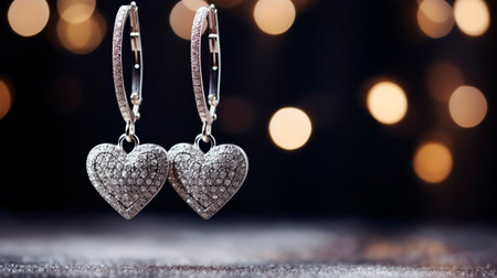 Silver heart shaped earrings on bokeh background with copy spaceの素材