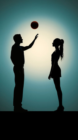 Silhouette of a man throwing a ball to a woman.の素材