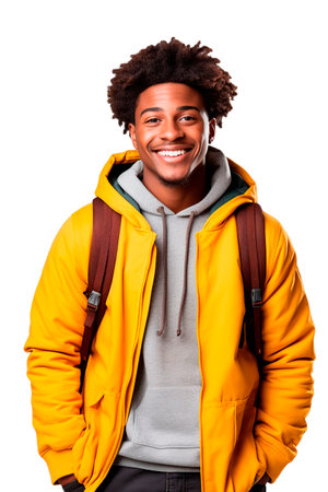 African american student man with afro hairstyle wearing yellow jacket and backpack smiling to the camera on isolated white backgroundの素材