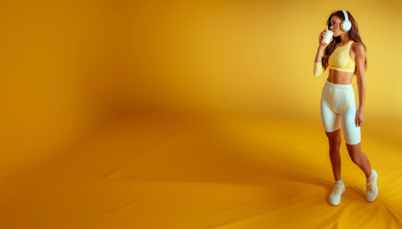Athletic young woman in sportswear and headphones listening to music on a yellow background.の素材