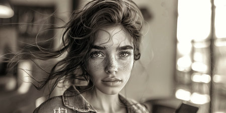 Portrait of a beautiful girl in a cafe. Black and white photo.の素材