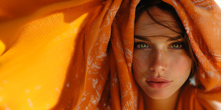 Close up portrait of a beautiful young woman with orange shawlの素材