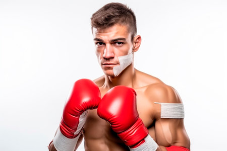Portrait of a boxer in red gloves on a white background.の素材