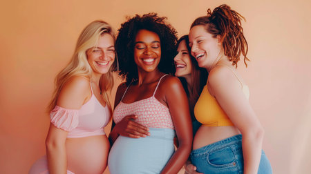Group of pregnant women with different ages and skin color in underwear on the pink backgroundの素材