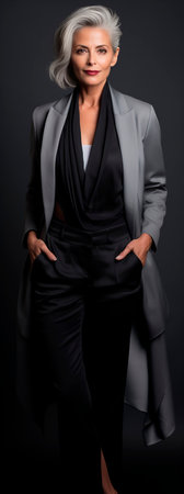 Beautiful middle-aged businesswoman in a gray suit on a black backgroundの素材