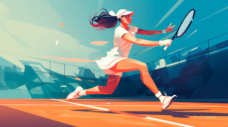 Tennis player in action on the tennis court. Vector illustration.の素材