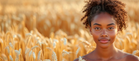 beautiful african american woman looking at camera in wheat fieldの素材