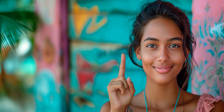 Portrait of a young beautiful latin woman pointing with her finger.の素材