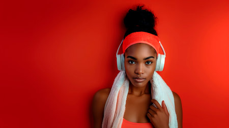Beautiful african american young woman listening to music with headphonesの素材